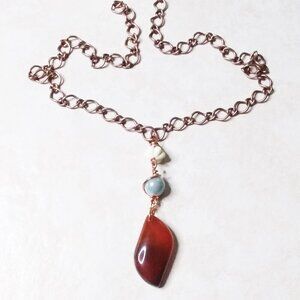 Russet & Brown Agate Beaded Pendant + Copper Chain! Rustic & Rugged Necklace